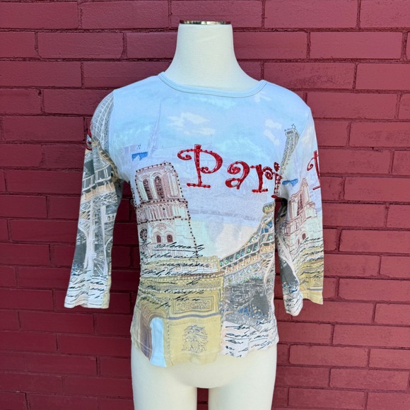 TAKE TWO Clothing Co. Tops - Vtg Y2K Paris‎ Graphic Top Take Two Clothing Co. Embellished 3/4 Sleeve Womens M